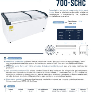 Ficha técnica del congelador horizontal con puerta de cristal de 700 litros