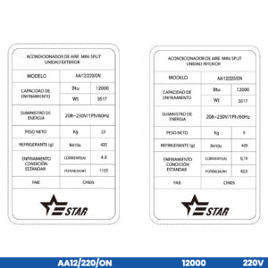 Aire Acondicionado 12000 BTU 220V On Off ESTAR TECNICOS