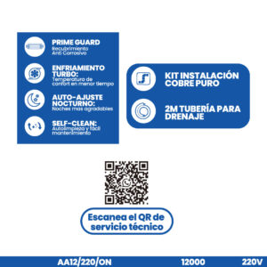 Aire Acondicionado 12000 BTU 220V On Off ESTAR TUBERIA DE COBRE